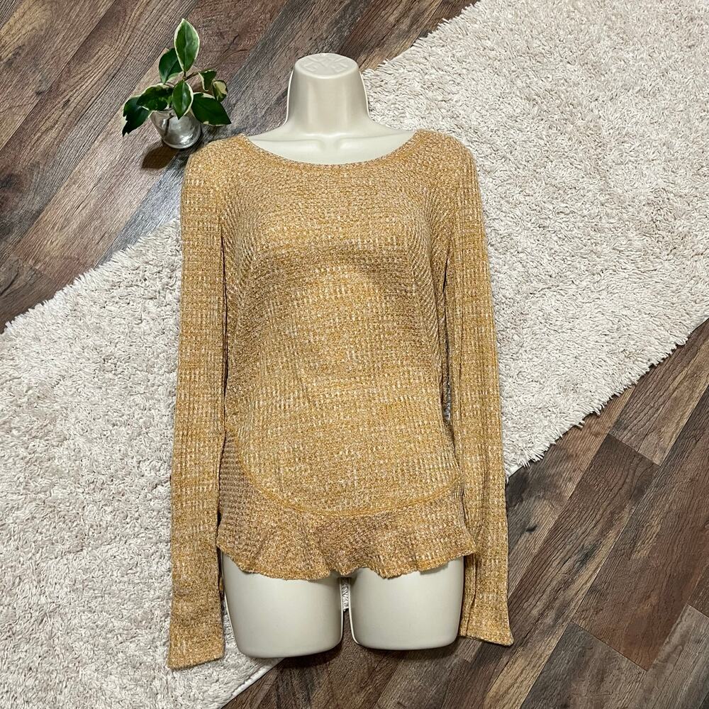 Anthropologie Saturday Sunday Mustard Ruffle Wendy Waffle Knit Boho Pullover Top